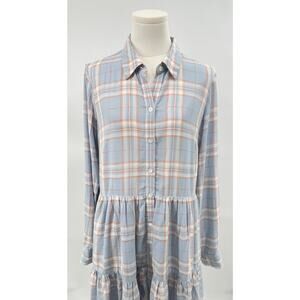 Veronia Beard Jemila Blue Plaid Shirt Dress Long Sleeve Ruffle Mini Linen S